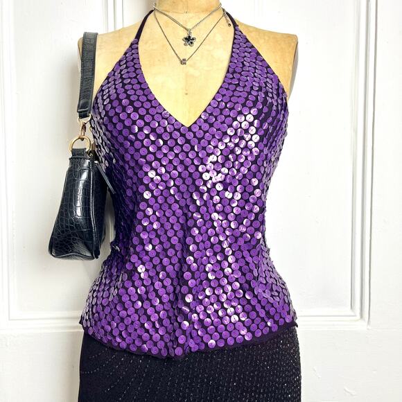 Espaço Fashion Tops - Espaço Fashion purple halter top with sequin circles going out top glam festive